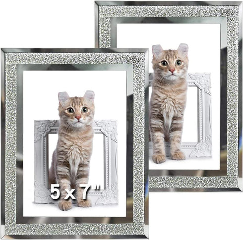 5x7 Glass Picture Frame Sparkle Mirror Edge Photo Frame for Tabletop Set of 2