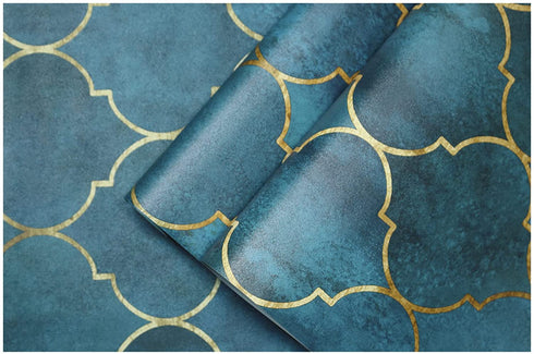 HaokHome 96034 Peel and Stick Wallpaper Graphic Trellis Sapphire Blue/Gold Removable contactpaper for Home Bathroom Decorations 17.7in x 118in