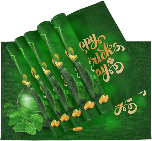 Wamika St Patricks Day Clover Placemats Set of 4 Gold Coins Pot Shamrock Table Mats Burlap Placemat Washable Non-Slip Heat Resistant Place Mats for Party Kitchen Dining Decorations 12 X 18 in