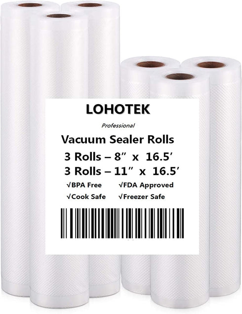 Vacuum Sealer Bags-Rolls for Food Saver-Storage - 3 Rolls 8"x16.5'and 3 Rolls 11"x16.5' for Sous Vide Cooker Vac Machine Freezer & Mircowave