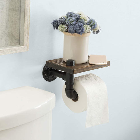 EXCELLO GLOBAL PRODUCTS Industrial Toilet Paper Holder with Rustic Wooden Shelf and Cast Iron Pipe Hardware for Bathroom, Washroom