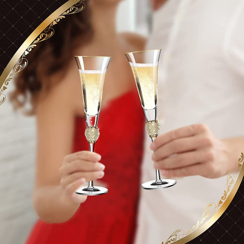 2 Pieces Rhinestone Champagne Flutes Wedding Toasting Glasses 7 Oz Rim Diamond Wine Glasses Long Stem Glassware for Wedding, Parties, Anniversary Supplies (Gold)
