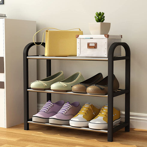 Small Shoe Rack?3-Tier Shoes Shelf Storage Multifunctional Lightweight Organizer Sturdy Metal Stackable Stand Footwear for Closet Living Room Bedroom bathroom(3 Tier Black Shoe Rack)