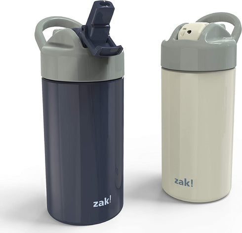 Zak Designs Planeterra Ivory & French Navy 18 oz Set of 2 Reusable Straw Water Bottle with Built-In Handle for Travel, Made with Durable Plastic