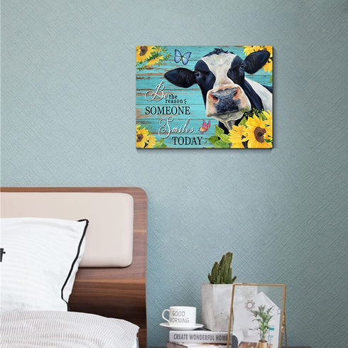Qute Cow Flower Picture Canvas Print Motivational Quotes Wall Decor Art Sunflowers Animal on Green Wood Board Painting Modern Artwork for Bathroom Living Room Office Decoration, Framed 1 pcs 12x16