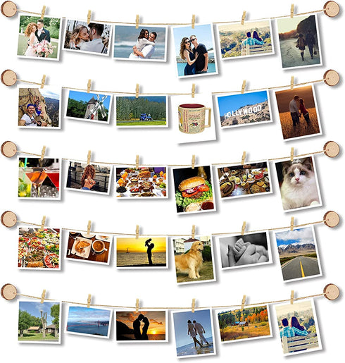 BLONGANG Hanging Photo Display Wood Picture Photo Frame Room Wall Decor with 10 DIY Natual Pine Wood and 33 feet DIY Twine String and 50 Wood Clips and 10 Self Adhesive No Holes Drilling