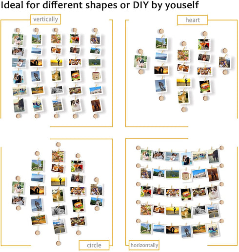 BLONGANG Hanging Photo Display Wood Picture Photo Frame Room Wall Decor with 10 DIY Natual Pine Wood and 33 feet DIY Twine String and 50 Wood Clips and 10 Self Adhesive No Holes Drilling