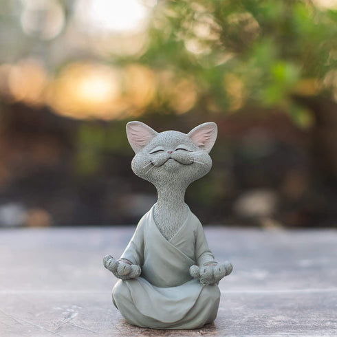 Whimsical Grey Buddha Cat Figurine Meditation Yoga Collectible - Happy Cat Collection - Cat Lover Gifts for Women, Cat Lover Gifts for Men, Meditation Decor, Yoga Decor