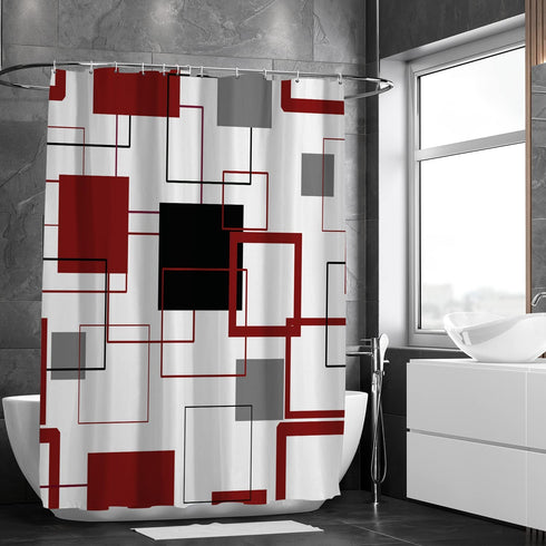 Black and White Shower Curtain Grey and Red Geometric Check Modern Shower Curtain Sets for Bathroom Decor Fabric Shower Curtain Waterproof with 12 Hooks, 72"x72"