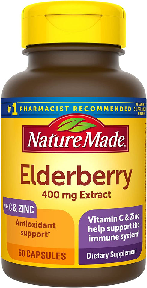 Nature Made Elderberry 400 mg Extract with Vitamin C and Zinc, Dietary Supplement for Immune Support, 60 Capsules, 60 Day Supply