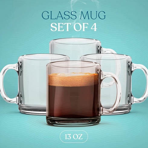 Libbey Clear Glass Coffee Mugs | 13oz Crystal Cups | Mugs for Latte and Hot Beverages