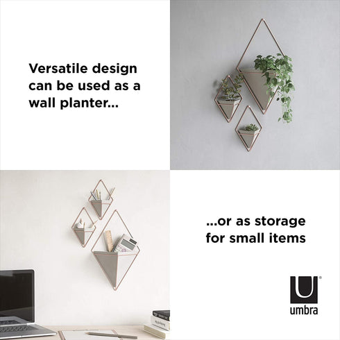 Umbra Trigg Hanging Planter Vase & Geometric Wall Decor Ceramic Container - Great For Succulent Plants, Air Plant, Mini Cactus, Faux Plants and More, Large, Concrete/Copper