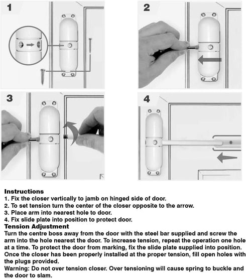 Prime-Line Astra KC10HD Safety Spring Door Closer by Prime-Line Easy to Install to Convert Hinged Doors to Self-Closing Diecast Construction (4-1/4? White, Non-Handed)