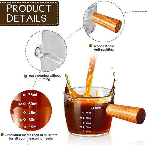 Tanlade Single Spout Espresso Shot Glass with Wood Handle Espresso Glass 75 ml Carafe Shot Glass Measuring Cup Mini Milk Glass Cup with Handle for Milk Coffee Espresso Making (1)
