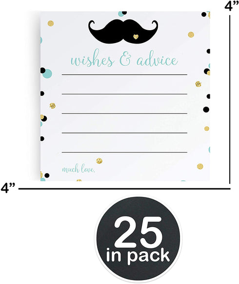 Mustache Advice and Wishes Cards Pack of 25 Use for Boys Baby Shower Activity Gender Reveal Kids Birthday Little Man Event Supply Mint Black Gold (4x4 Size) Paper Clever Party