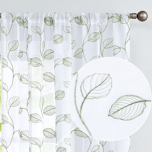 Topick Embroidered Sheer Curtains for Living Room Botanical Tile Sage Window Curtains Leaf Geometric Semi-Sheer Drapes for Bedroom Pole Top 2 Panels 63 inch