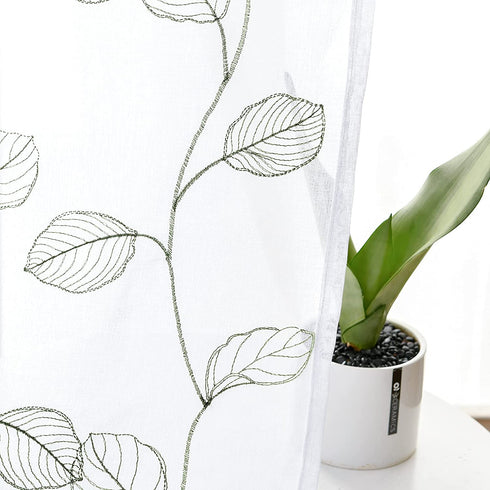 Topick Embroidered Sheer Curtains for Living Room Botanical Tile Sage Window Curtains Leaf Geometric Semi-Sheer Drapes for Bedroom Pole Top 2 Panels 63 inch