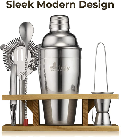 ROCKSLY Mixology Bartender Kit and Cocktail Shaker Set for Drink Mixing | Mixology Set with 6 Bar Set Tools and Pinewood Stand Makes It the Perfect Home Cocktail Kit | Complete Bartender Kit (Silver)