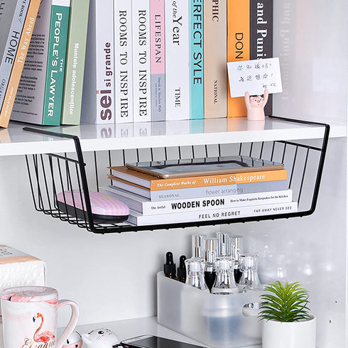 Undershelf Storage Basket Under Shelf Wire Basket Household Metal Under Shelf Hanging Storage Bin Basket Slides Under Shelves for Storage Space Saving for Kitchen Pantry Bookshelf (Small, 2 PCS)