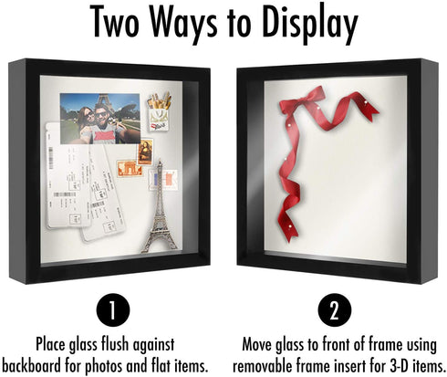 Americanflat 8x8 Shadow Box Frame in Black with Soft Linen Back-Composite Wood with Shatter Resistant Glass for Wall and Tabletop