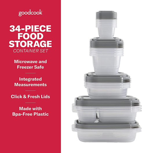Good Cook EveryWare 34-Piece BPA-Free Plastic Food Storage Container Set, Clear/Grey, (41758)