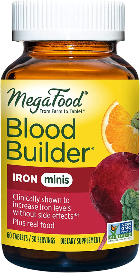 MegaFood Blood Builder Minis - Iron Supplement Shown to Increase Iron Levels Without Nausea or Constipation - Energy Support with Iron, Vitamin B12, and Folic Acid - Vegan - 60 Tabs (30 Servings)