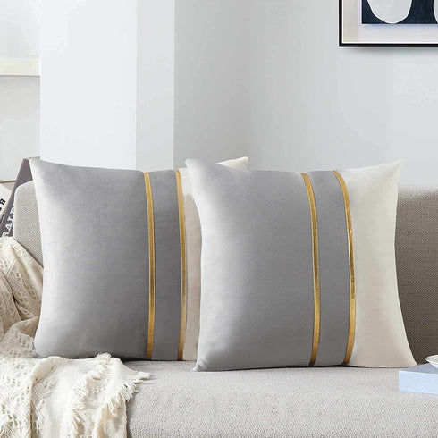 WACOMECO Velvet Throw Pillow Covers - Soft Decorative Cushion Covers Cases with Gold Leather for Sofa Bedroom Livingroom Car, 18 x 18 in, Grey and White