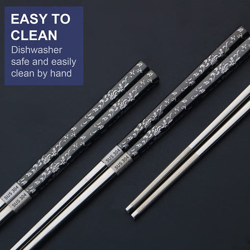 Reusable Chopsticks 3 Pairs Metal Chopsticks Stainless Steel Titanium Plated Chop Sticks Dishwasher Safe Gift Box (Black Silver)