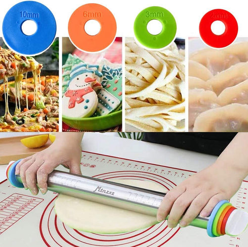 Rolling Pin and Silicone Baking Pastry Mat Set, Stainless Steel Dough Roller, Rolling Pins with Adjustable Thickness Rings, for Baking Dough, Pizza, Pie, Pastries, Pasta, Cookies