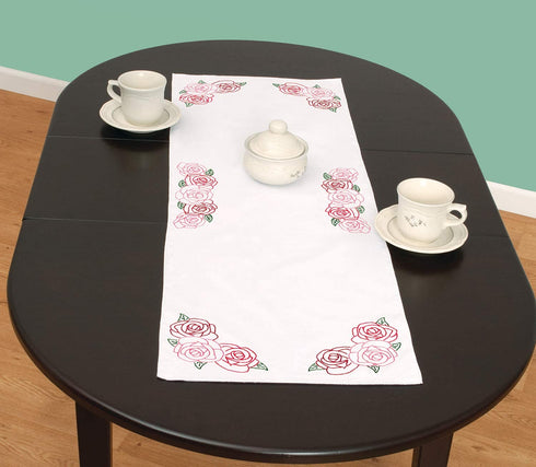 Jack Dempsey Needle Art Rose Garden Table Runner, white