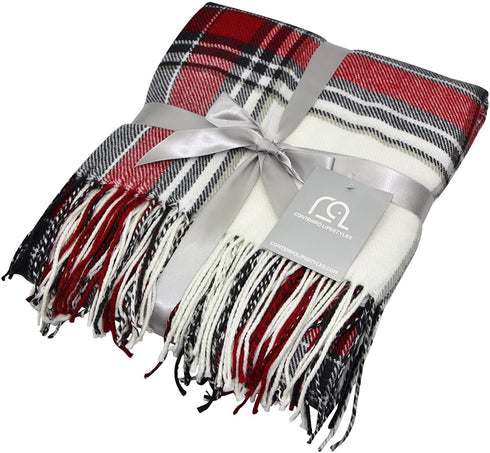 Plaid Throw Blanket 50 x 60 Inch Decorative Classic Blanket Comfortable and Ultra-Soft Ideal for Living Room, Couch, Travelling (50"x60", Ivory Multi)
