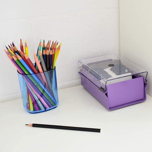 Acrimet Index Business Card Size File Holder Organizer Metal Base Heavy Duty (AZ Index Cards and Divider Included) (Purple Color with Clear Crystal Plastic Lid Cover)
