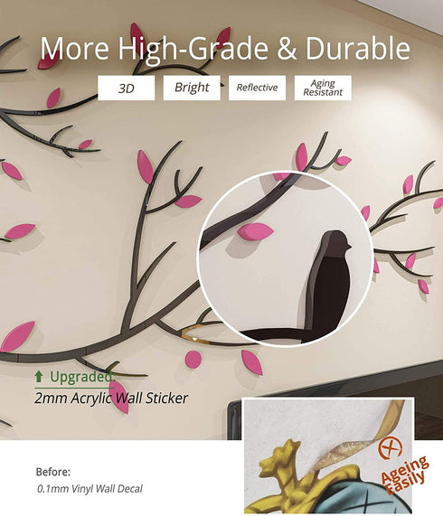 DecorSmart 3D Chinese Style Couple Tree and Flying Birds Wall Murals Decor for Living Room TV Background Decorations, Removable DIY Acrylic Spring Scenery Wall Stickers