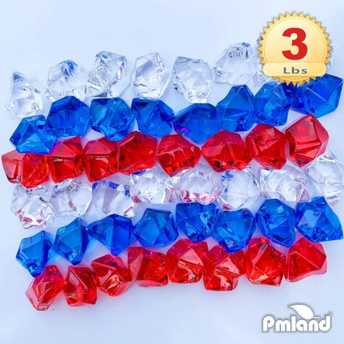 PMLAND Patriotic Acrylic Ice Rocks Crystals Gems ~550 Pcs 3 lbs Bulk Bag for Vase Filler Table Scatter Party Wedding Arts Crafts Decoration Display Idea -Red Blue Clear Blend