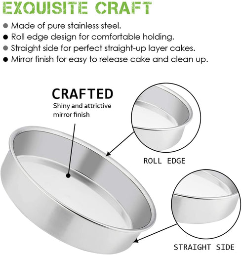 9½ Inch Cake Pan Set of 3, E-far Stainless Steel Round Cake Baking Pans, Non-Toxic & Healthy, Mirror Finish & Dishwasher Safe