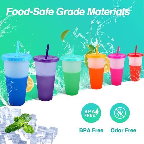 Color Changing Cups Tumblers with Lids & Straws - 6 Pack 24oz Reusable Plastic Cold Water Tumblers Iced Coffee Cups for Adults Kids