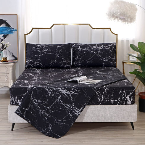 MAG Black Marble Full Size Super Soft Microfiber Bed Sheet 4PC Marble Bedding Sheet Set with 1 Flat & 1 Fitted Sheet with 2 Pillow Shams , 12? Deep