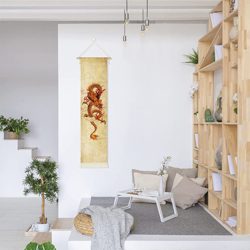 Hanging Poster Canvas Wall Art Paintings of Chinese Dragon Tapestry Asian Traditional Chinese Soaring Dragon Golden Dragon Totem Wall Tapestry Wall Decor For Room (13''x 56''/33x142cm)