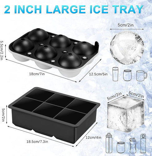 MIGVELA Ice Cube Mold - 2 Inch Large Round Sphere Whiskey Ice Ball Mold & Square Ice Cube Tray with Lid and Funnel for Freezer, Silicone Ice Ball Maker Mold for Cocktails Brandy Bourbon Wine