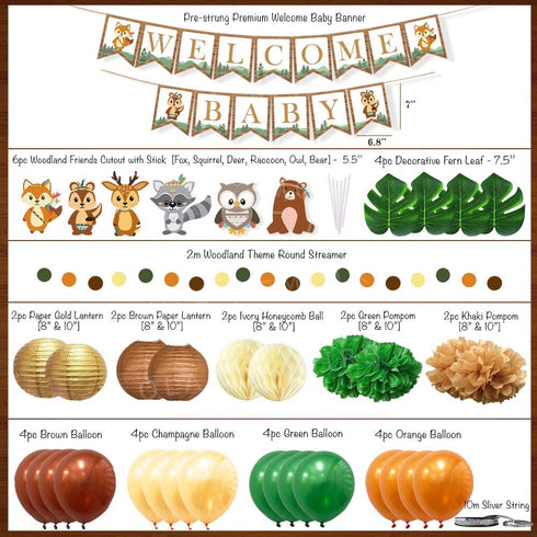 Ola Memoirs Woodland Animals Baby Shower Decorations for Boy or Girl, Gender Neutral Party Supplies Kit- Welcome Baby Banner, Forest Creatures Cut Out, Woodland Balloons, Pompoms, Leaves, Lanterns
