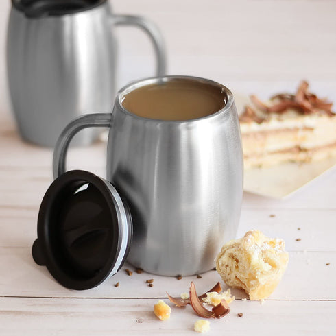 Stainless Steel Coffee Mugs with Spill Resistant Lids, 14 Oz Double Walled Insulated Coffee, Tea or Beer Cups, Set of 2