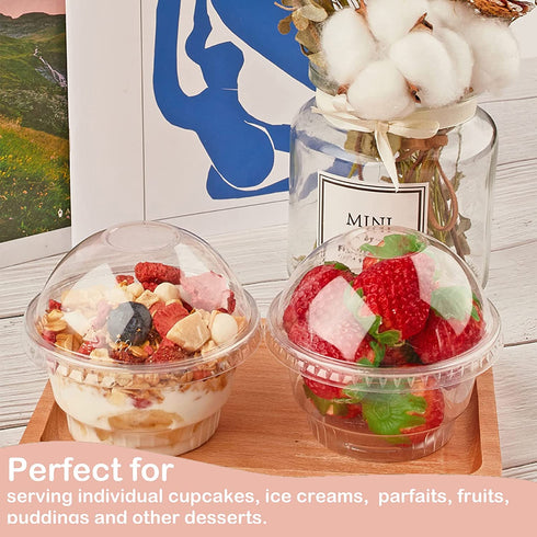 Zezzxu 50 Pack 8oz Clear Plastic Cups with No Hole Dome Lids and Sporks Disposable Dessert Cups Mini Snack Bowls for Parfait, Ice Cream, Fruit, Cupcakes, Pudding