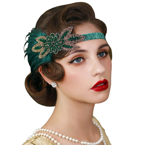 SWEETV 1920s Flapper Feather Headband, 20s Sequined Showgirl Headpiece, Gatsby Hair Accessories for Women (Dark Green)