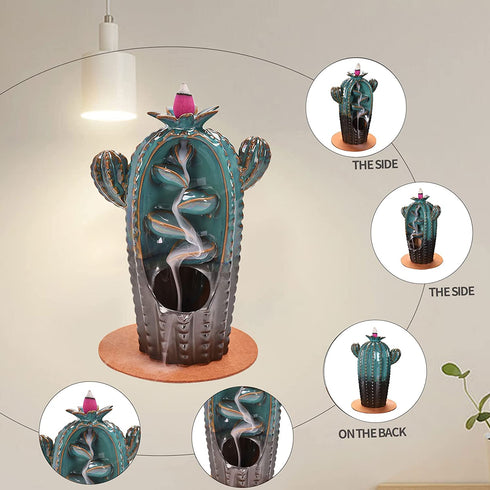 Backflow Incense Burner Cactus-like Waterfall Ceramic Incense Holder- Aromatherapy Ornament with 20 Incense Cones +30 Incense Sticks +1 Mat +1 Tweezer for Home Office Yoga Decor Gift