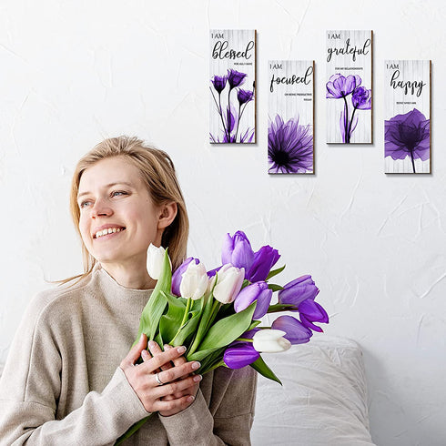 4 Pieces Flower Pictures Wall Decor Living Room Hanging Pictures Wooden Art Wall Decor Wall Art Pictures Thankful Grateful Blessed Home Decoration (Purple)