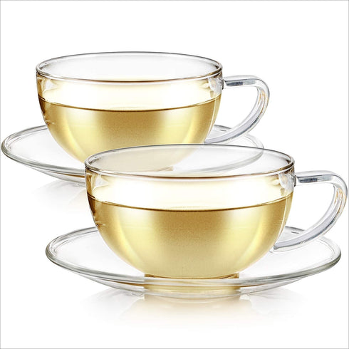 Teabloom Kyoto Teacup and Saucer Set 2-Pack Standard Teacup Size 6 OZ/ 180 ML Capacity Crystal Clear Design Healthful Premium Borosilicate Glass Heat Resistant, Microwave Safe