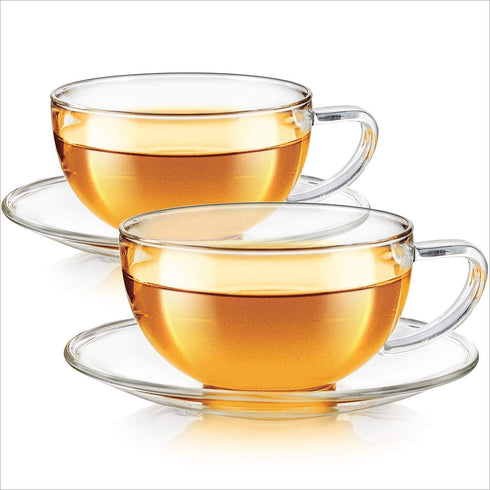 Teabloom Kyoto Teacup and Saucer Set 2-Pack Standard Teacup Size 6 OZ/ 180 ML Capacity Crystal Clear Design Healthful Premium Borosilicate Glass Heat Resistant, Microwave Safe