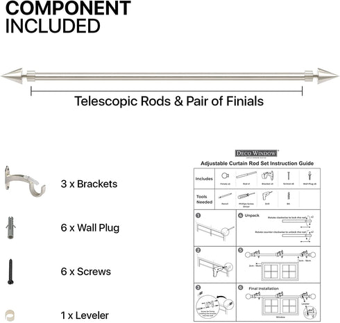 Silver Curtain Rod for Windows & Doors Curtains Extendable 36 to 66 Inch Adjustable Single Window Curtain Rod with Conical Finials & Brackets Set (3/4 Inch) - By Deco Window