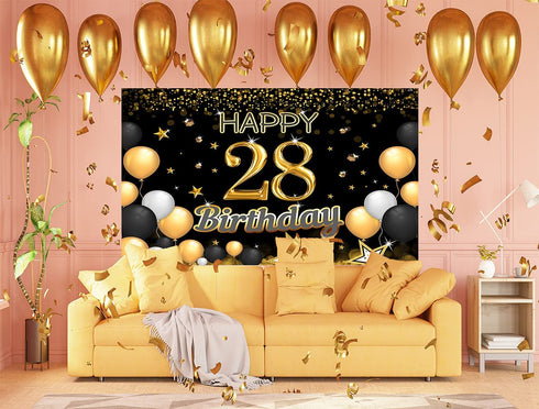 RBYOO 28th Gold Black Happy Birthday Backdrop for Girls Women Boy Men 7x5ft Photography Background Banner Birthday Party Decorations Photo Booth Props