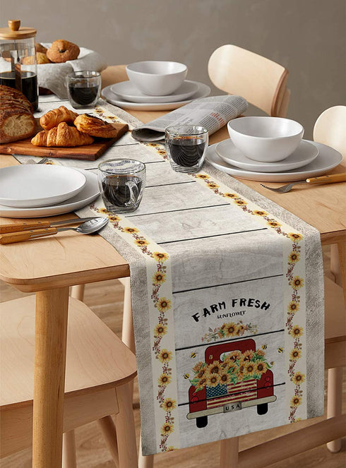 Linen Burlap Table Runner Dresser Scarves, Red Truck with Farm Fresh Sunflower USA Flag Rectangle Table Runners for Dining Room, Farmhouse Kitchen, Holiday Parties, Wedding, Events 13x70 Inch
